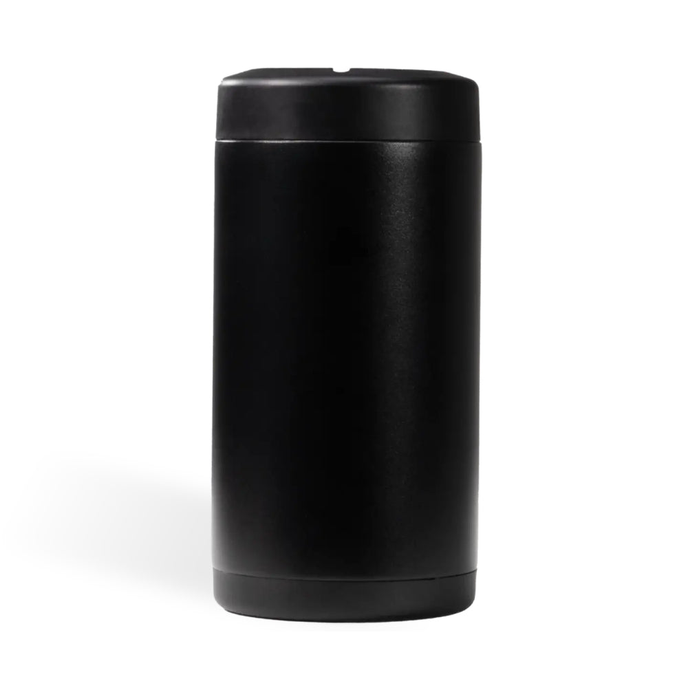 A matte black cylindrical container with a matching screw-on lid, shown against a plain white background.