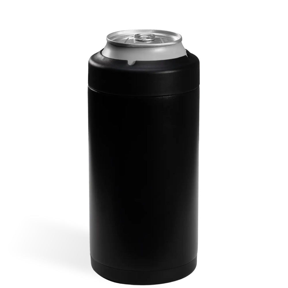 Black can cooler with a silver can on a white background.