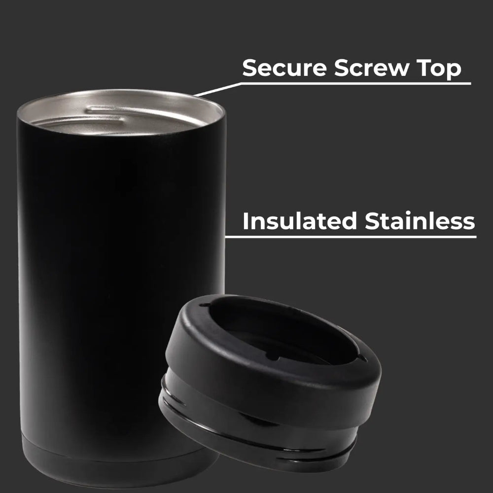 Black insulated stainless steel tumbler with secure screw top on a dark background.