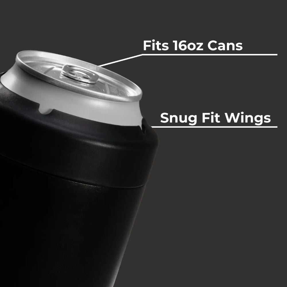 Black can holder with a 16oz can, labeled 'Fits 16oz Cans' and 'Snug Fit Wings'.