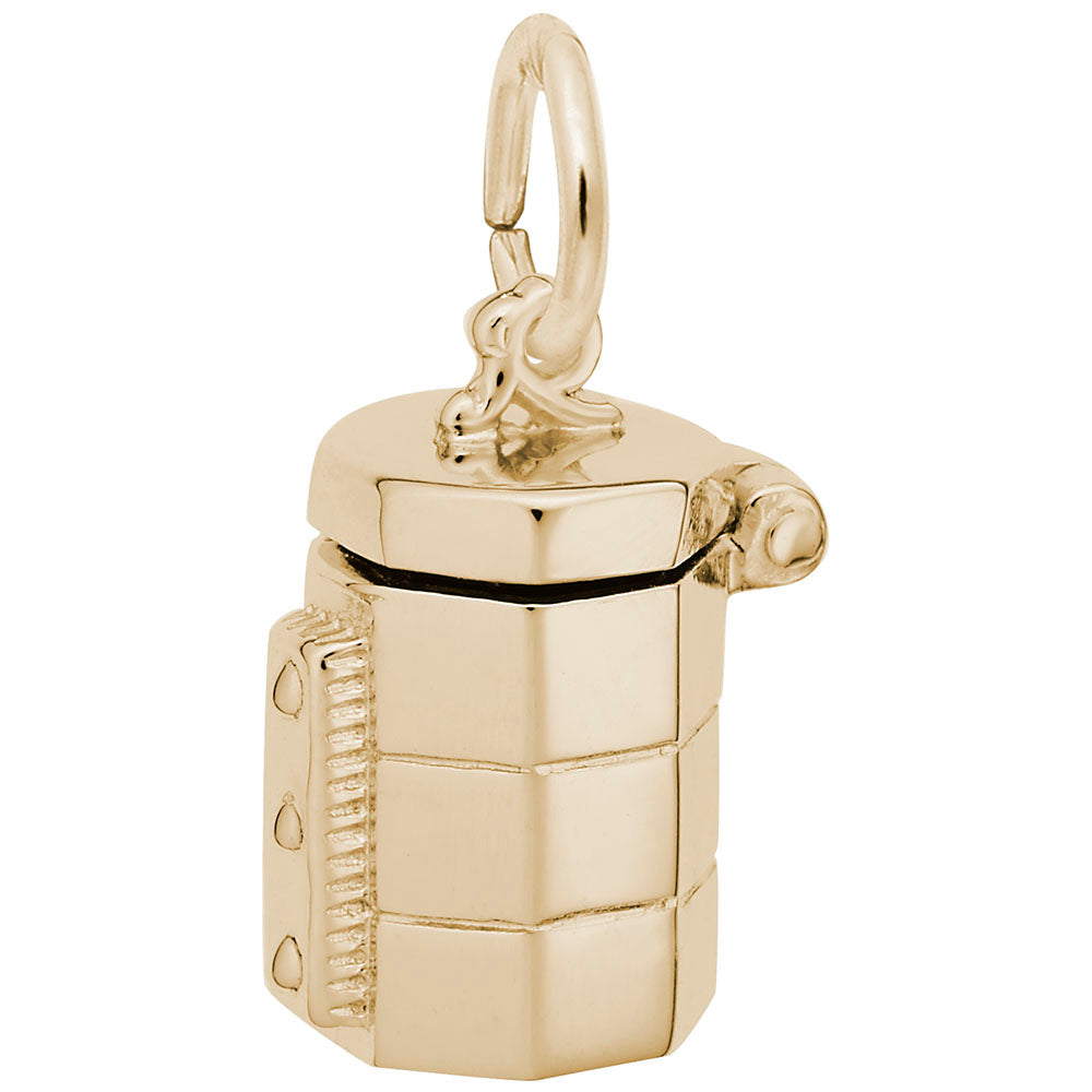 Gold charm resembling a pottery kiln with a closed lid, shown on a white background