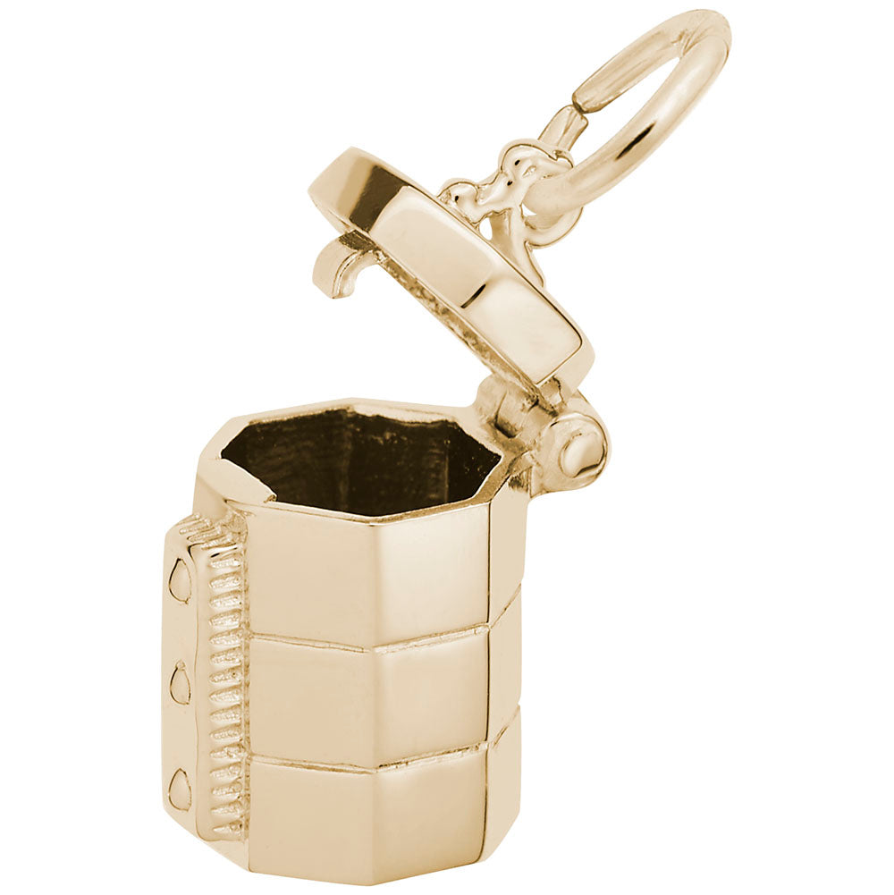 Gold charm resembling a pottery kiln with an open lid, shown on a white background