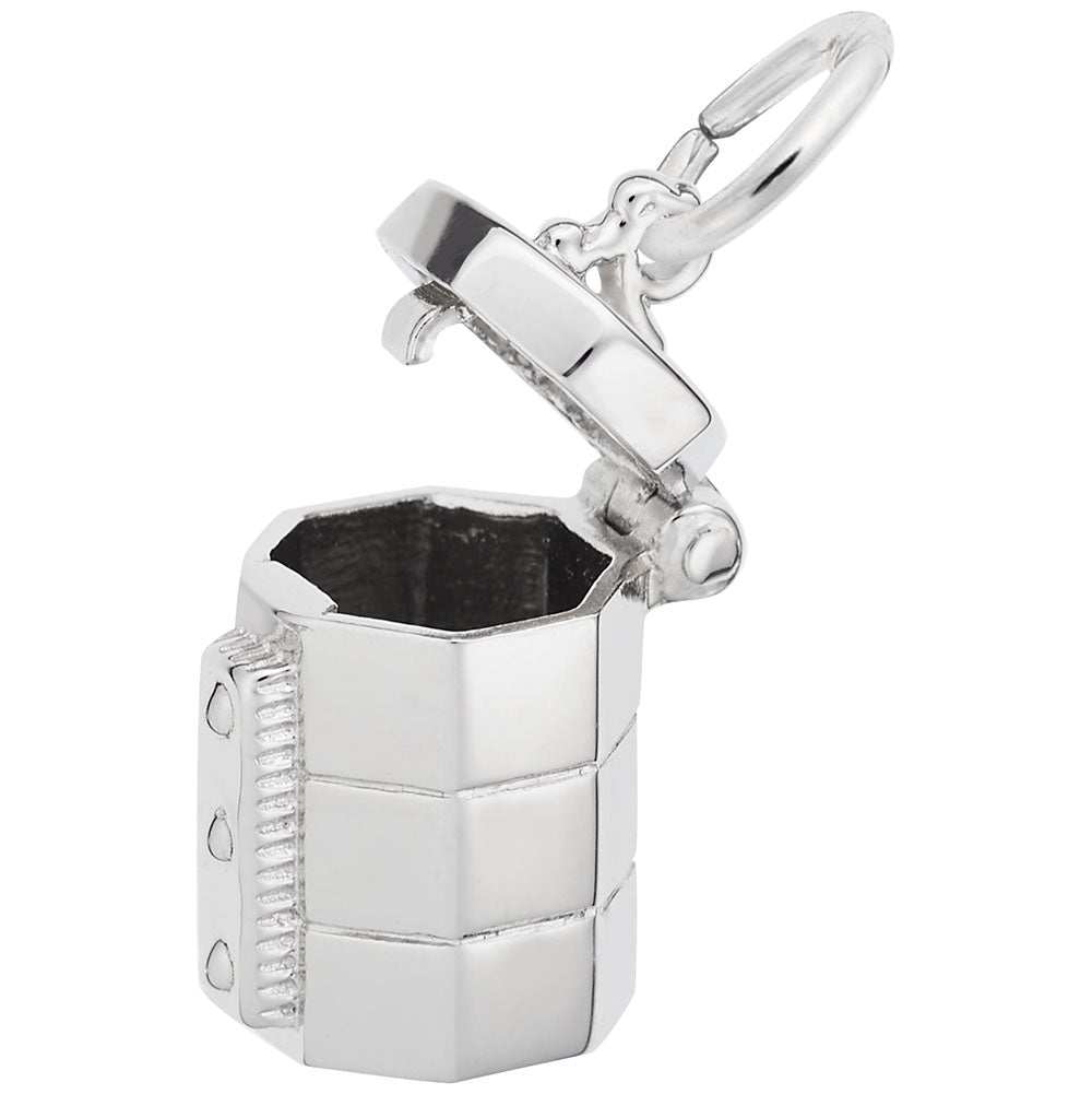 Silver charm resembling a pottery kiln with an open lid, shown on a white background