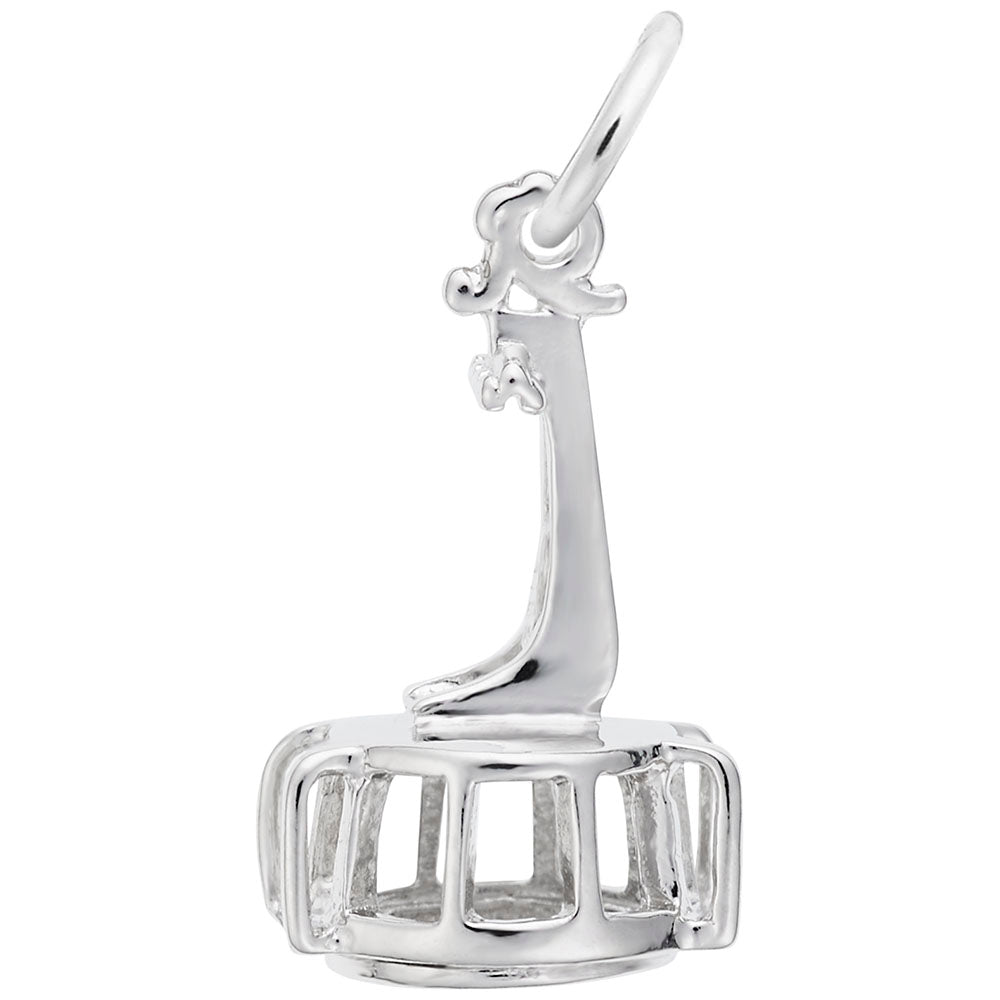 Silver charm shaped like a ski tram, shown on a white background
