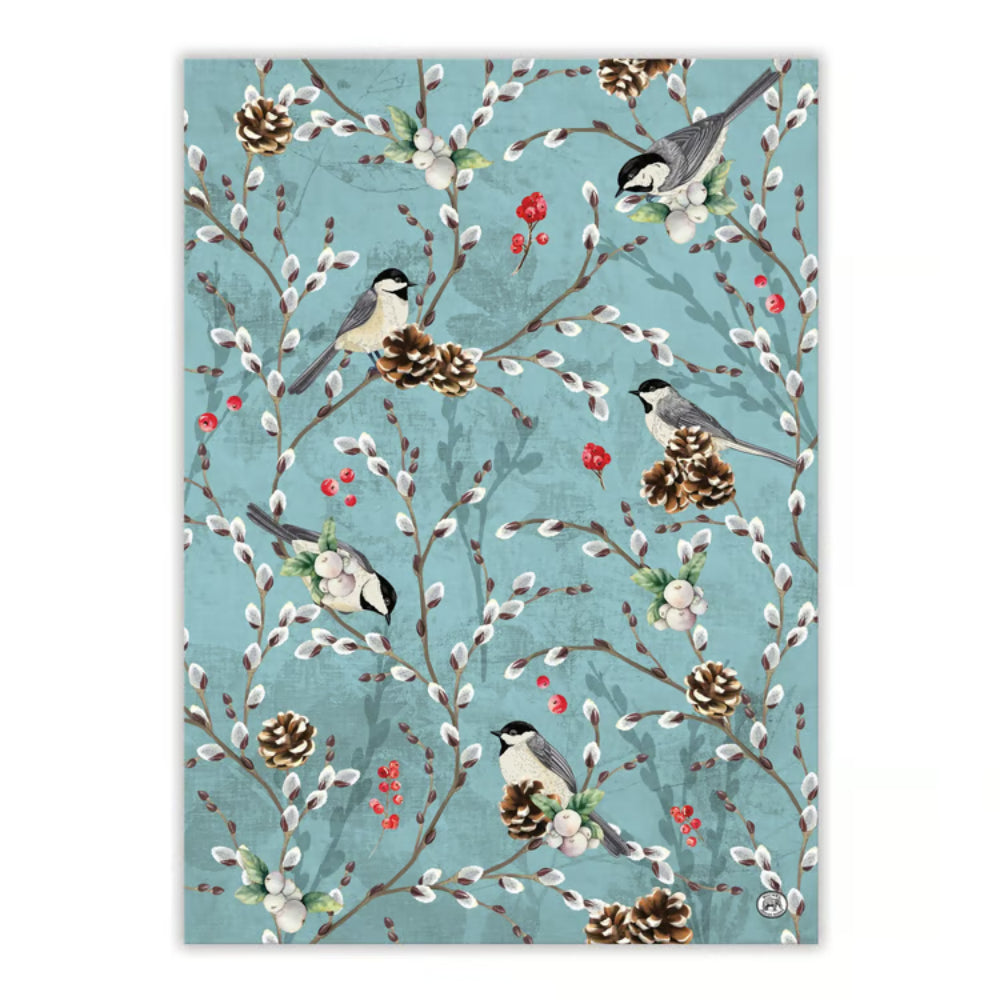 A vertical rectangular art print featuring a winter woodland pattern with birds perched on branches, white blossoms, pinecones, and small red berries on a light blue background.