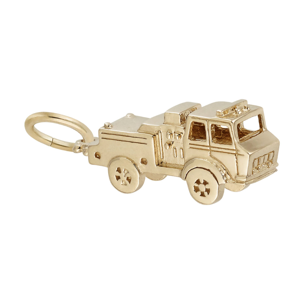 A gold-colored metal fire truck charm, shown on a plain white background.