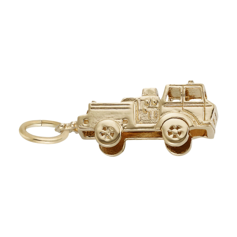 Gold firetruck with a polished finish and minor detailing, showing facing right on a white background
