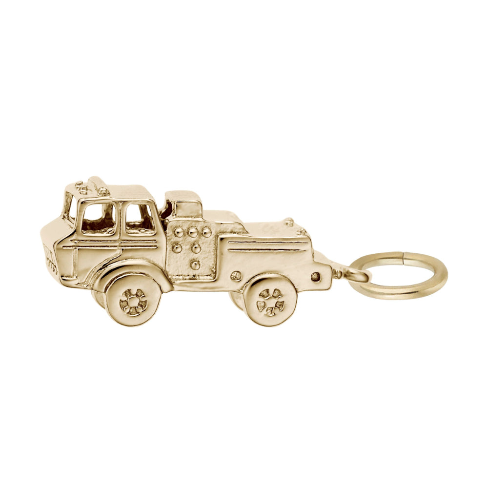Gold firetruck with a polished finish and minor detailing, showing facing left on a  white background