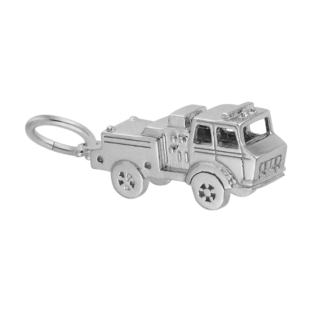 A silver metal fire truck charm, shown on a plain white background.