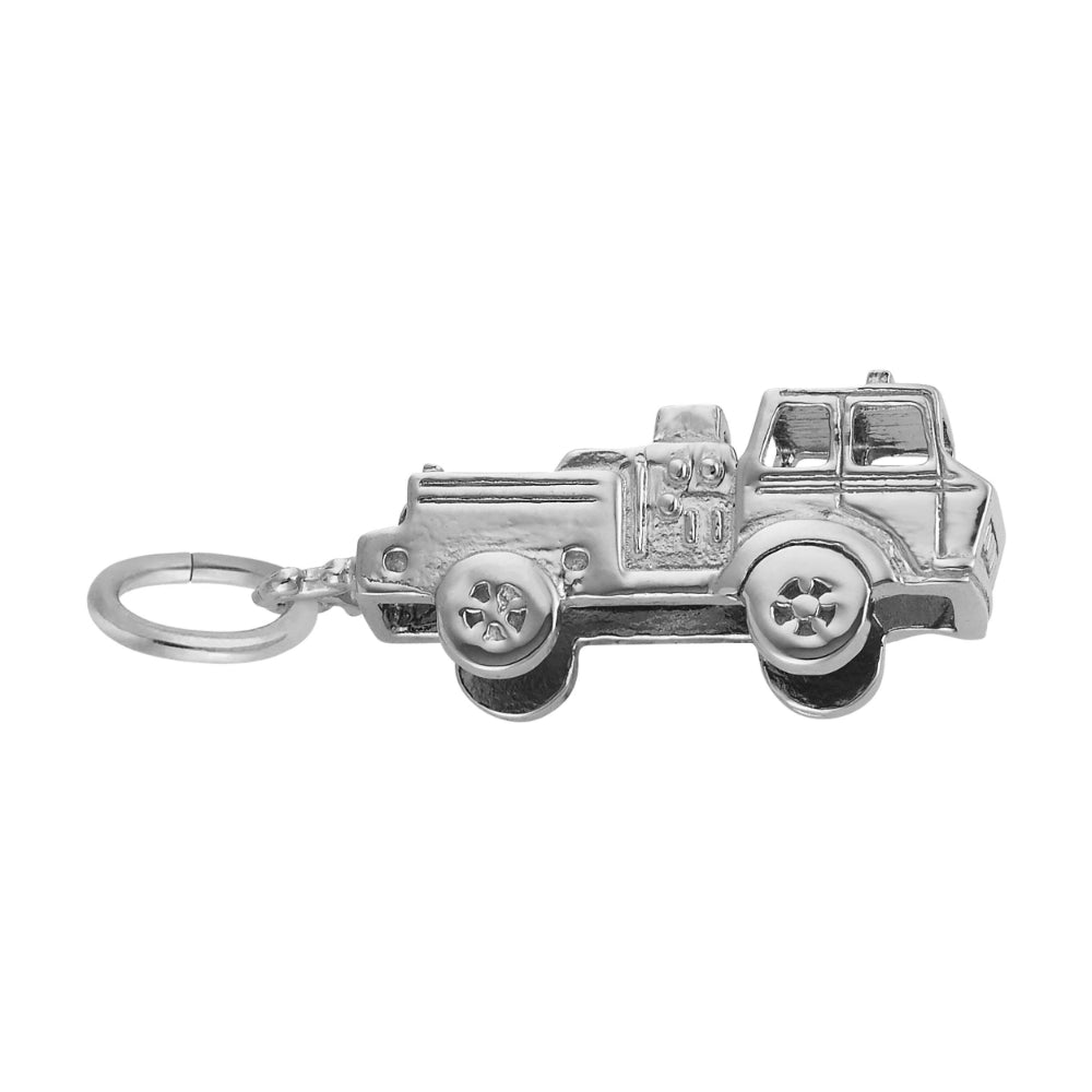 Silver firetruck with a polished finish and minor detailing, showing facing right on a white background