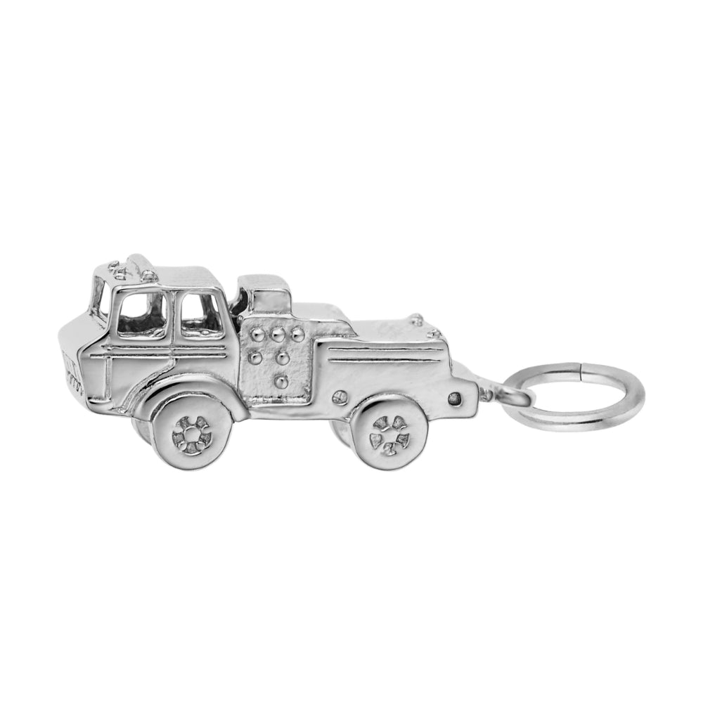Silver firetruck with a polished finish and minor detailing, showing facing left on a  white background