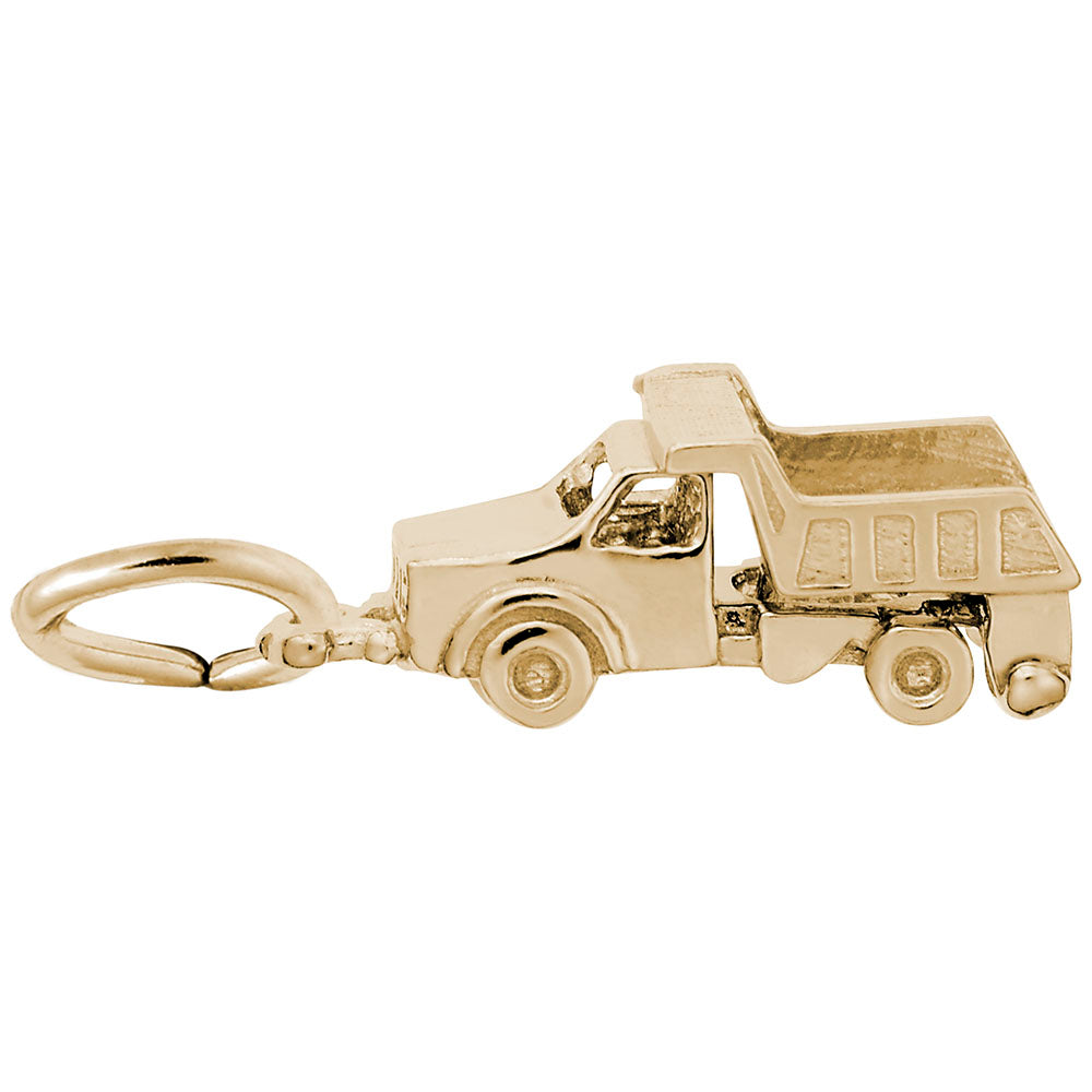 Gold dump truck charm shown with bed down on a white background