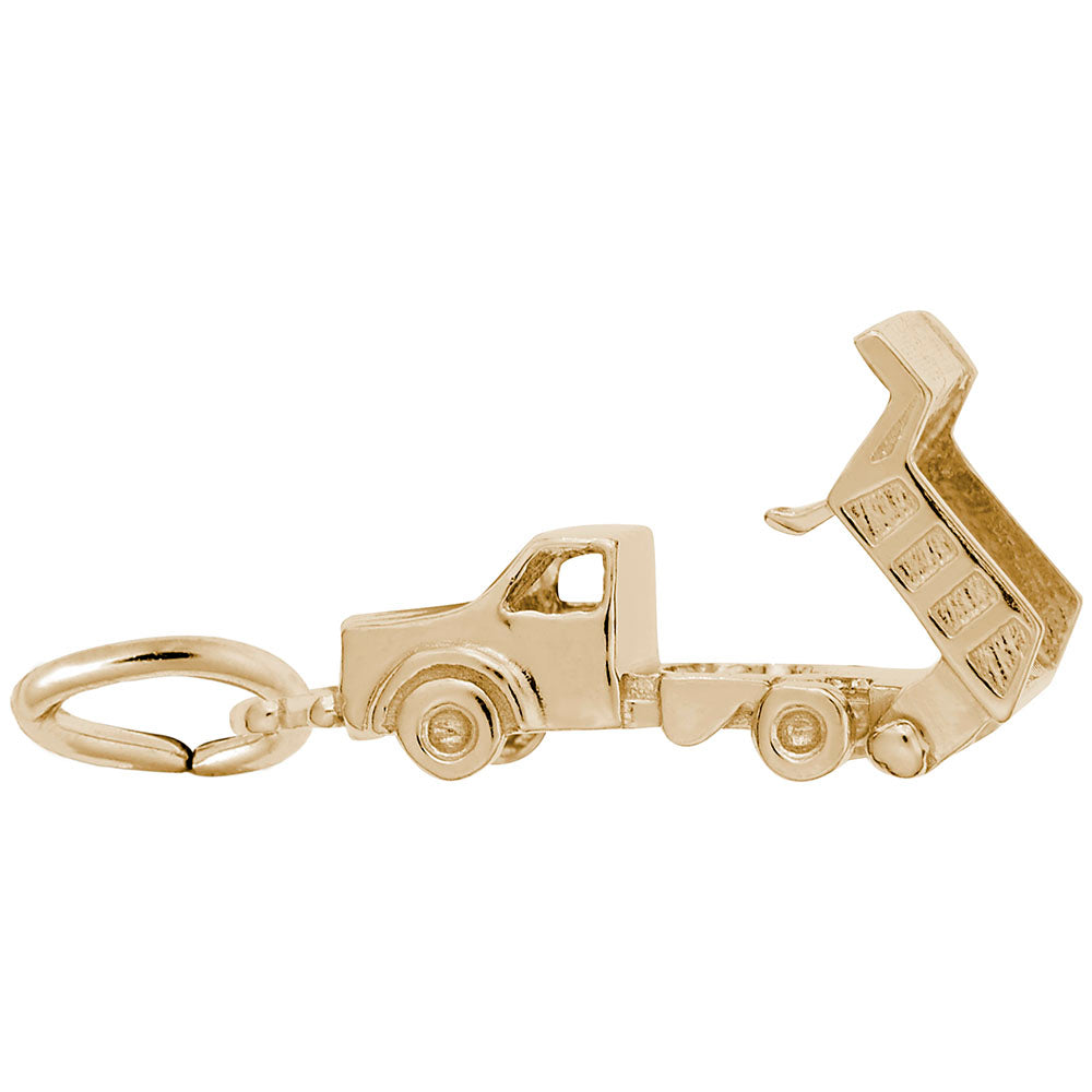 Gold dump truck charm shown with bed up on a white background