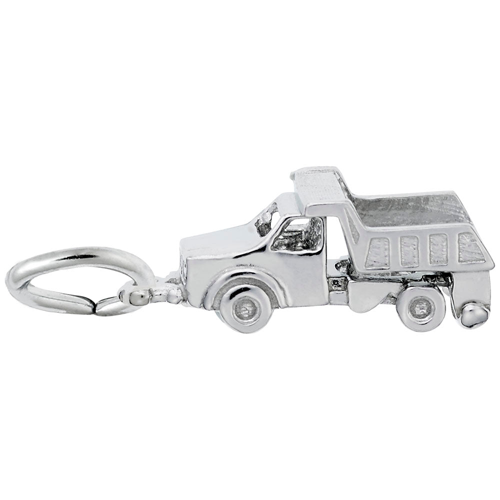 Silver dump truck charm shown with bed down on a white background