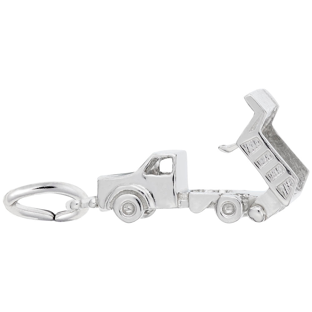 Silver dump truck charm shown with bed up on a white background