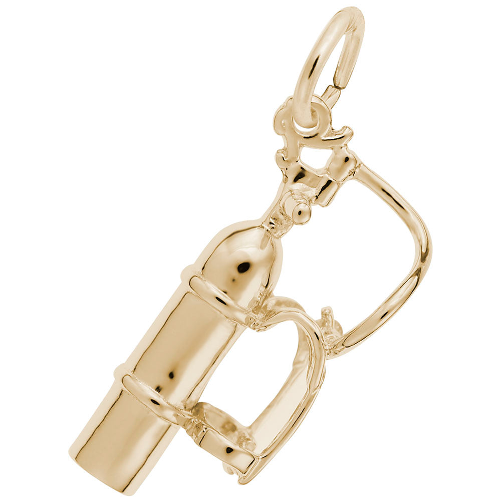 Gold scuba tank charm with harness and air hose shown on a white background