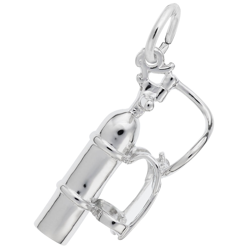 Silver scuba tank charm with harness and air hose shown on a white background