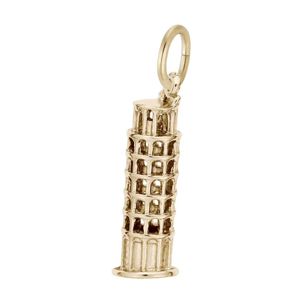 A gold charm pendant shaped like the Leaning Tower of Pisa, featuring a detailed architectural design, shown on a plain white background.