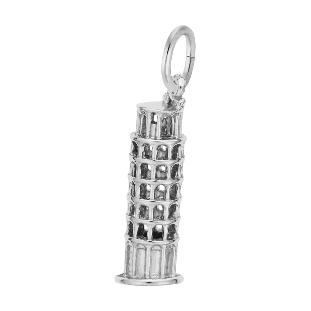 A silver charm pendant shaped like the Leaning Tower of Pisa, featuring a detailed architectural design, shown on a plain white background.