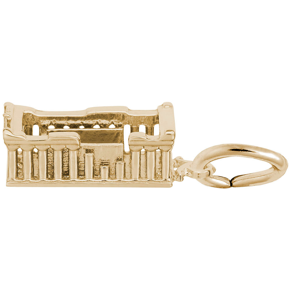 Side view of a gold Parthenon shaped charm with textured floor, shown on a white background