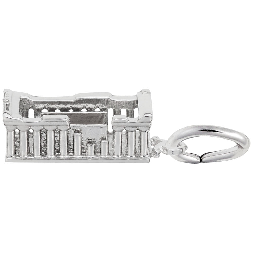 Side view of a silver Parthenon shaped charm with textured floor, shown on a white background