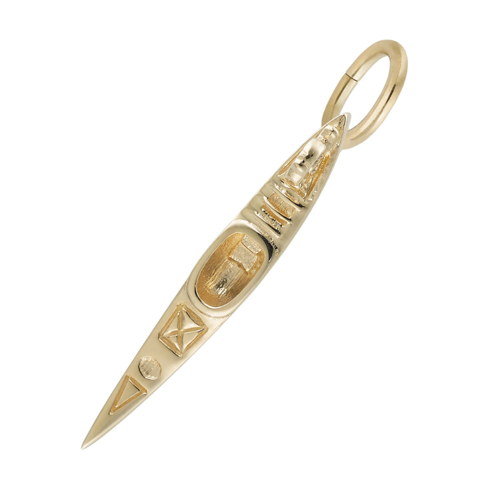 A silver Kayak charm, featuring a central oval opening and geometric engravings, shown on a plain white background.