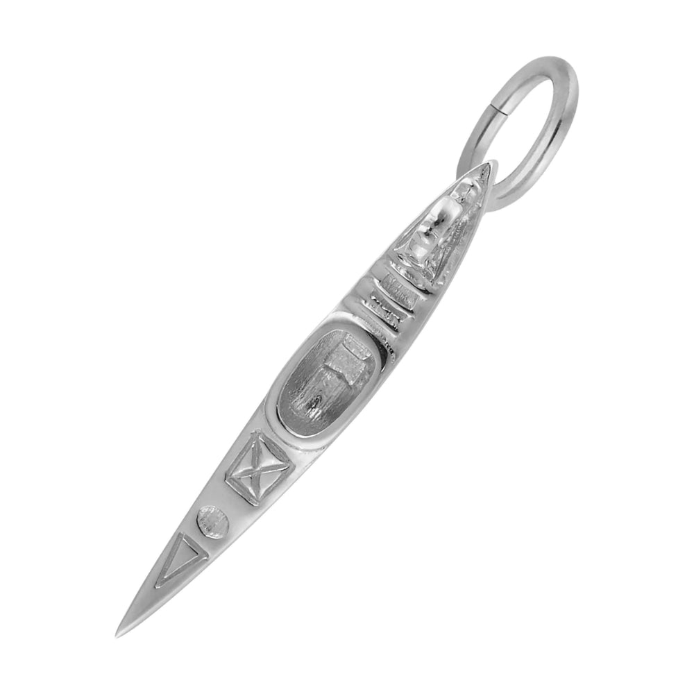 A silver Kayak charm, featuring a central oval opening and geometric engravings, shown on a plain white background.