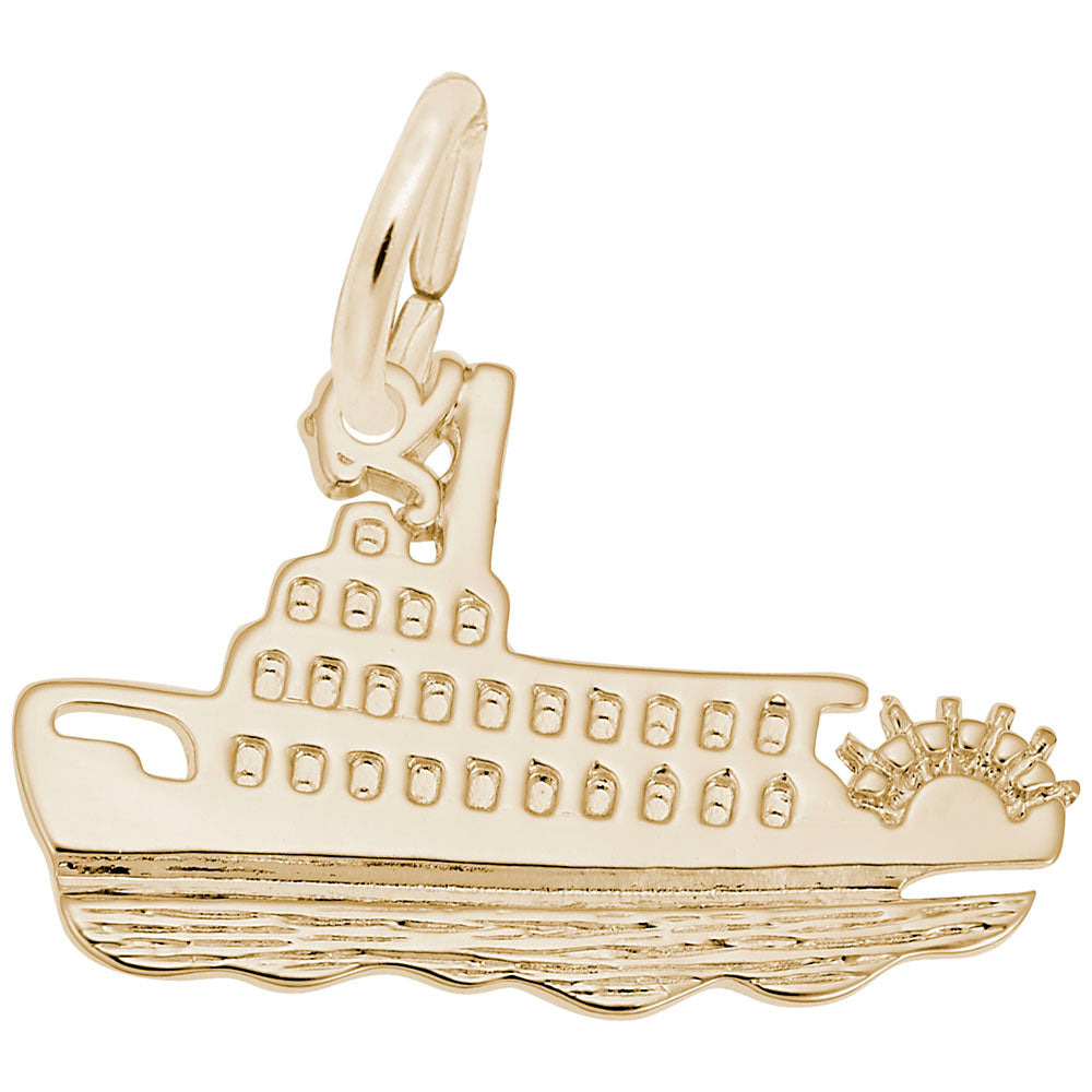 Gold paddlewheel riverboat charm with detailed windows and hull, shown on a white background