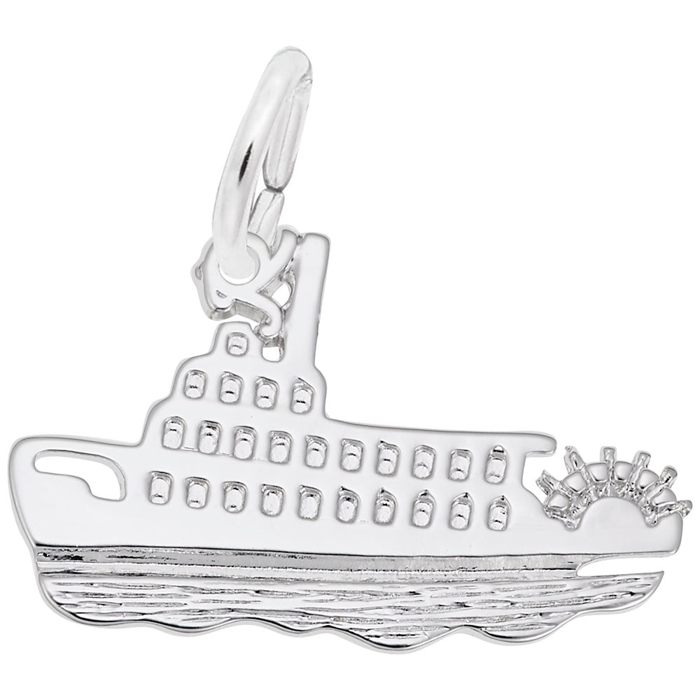Silver paddlewheel riverboat charm with detailed windows and hull, shown on a white background