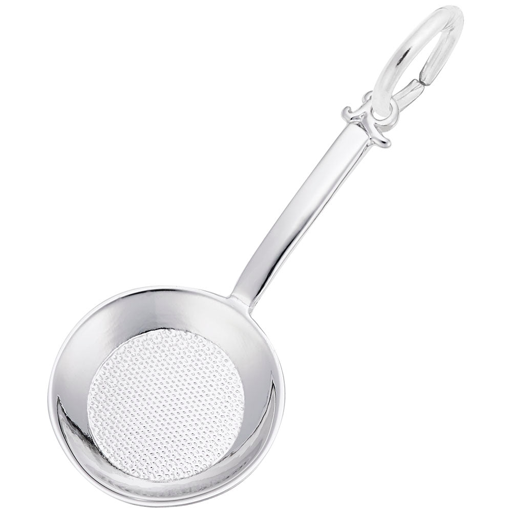 Silver frying pan-shaped charm on a white background
