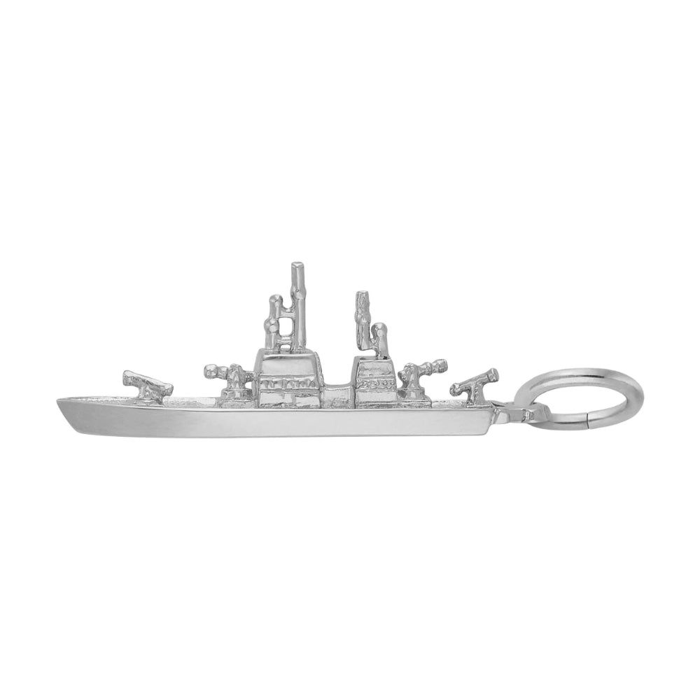 A silver charm shaped like a military destroyer ship, featuring a detailed deck, antennas, and turrets, shown on a plain white background.