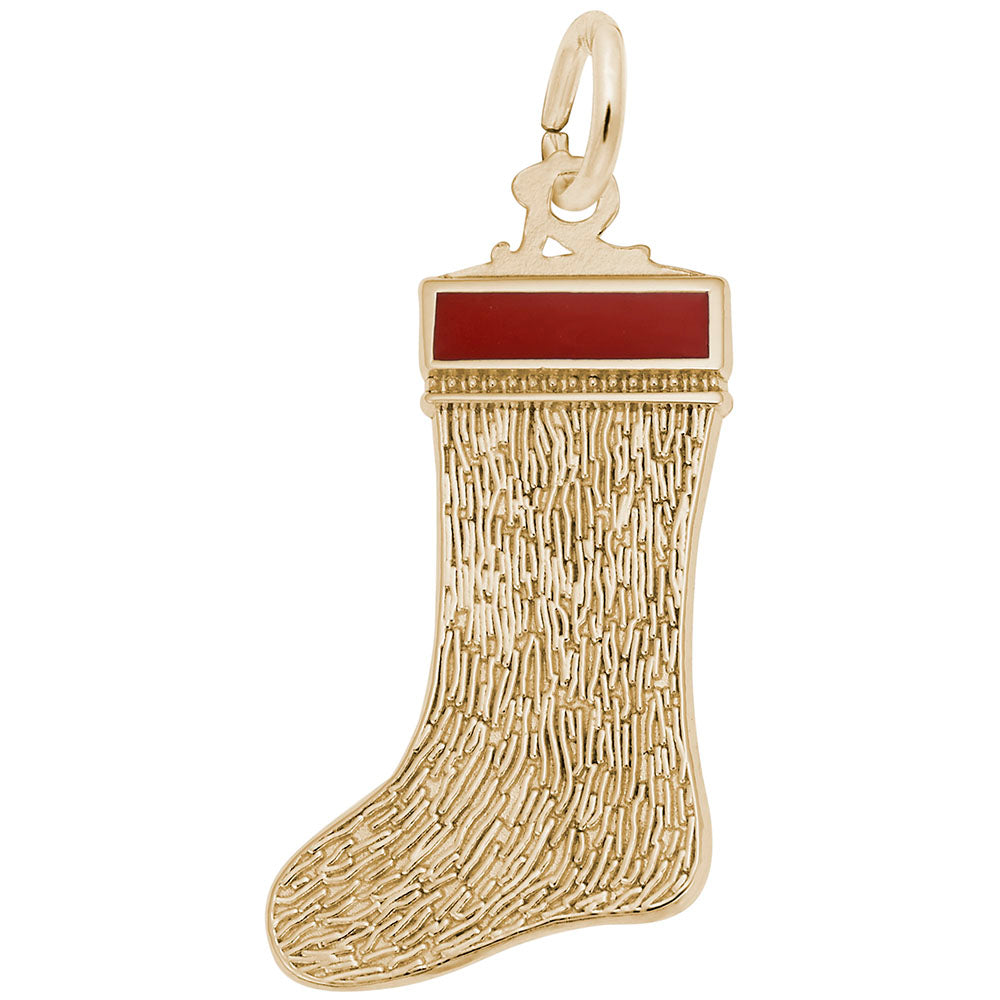 Gold stocking charm with red painted top and textured finish, shown on a white background