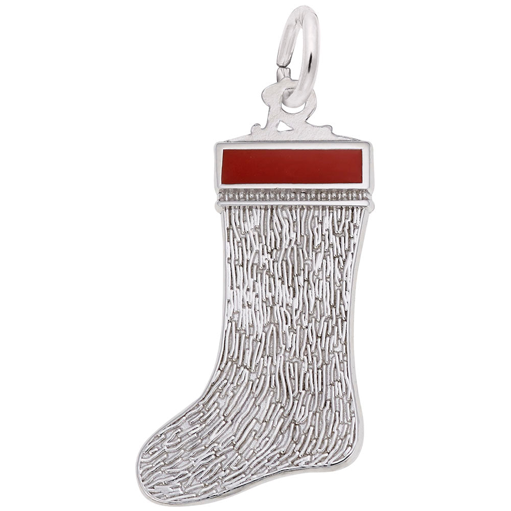 Silver stocking charm with red painted top and textured finish, shown on a white background
