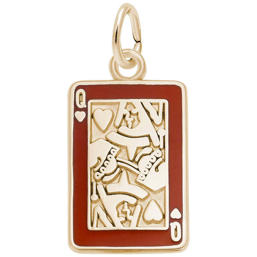 Gold queen of hearts card, with painted red border, shown on a white background