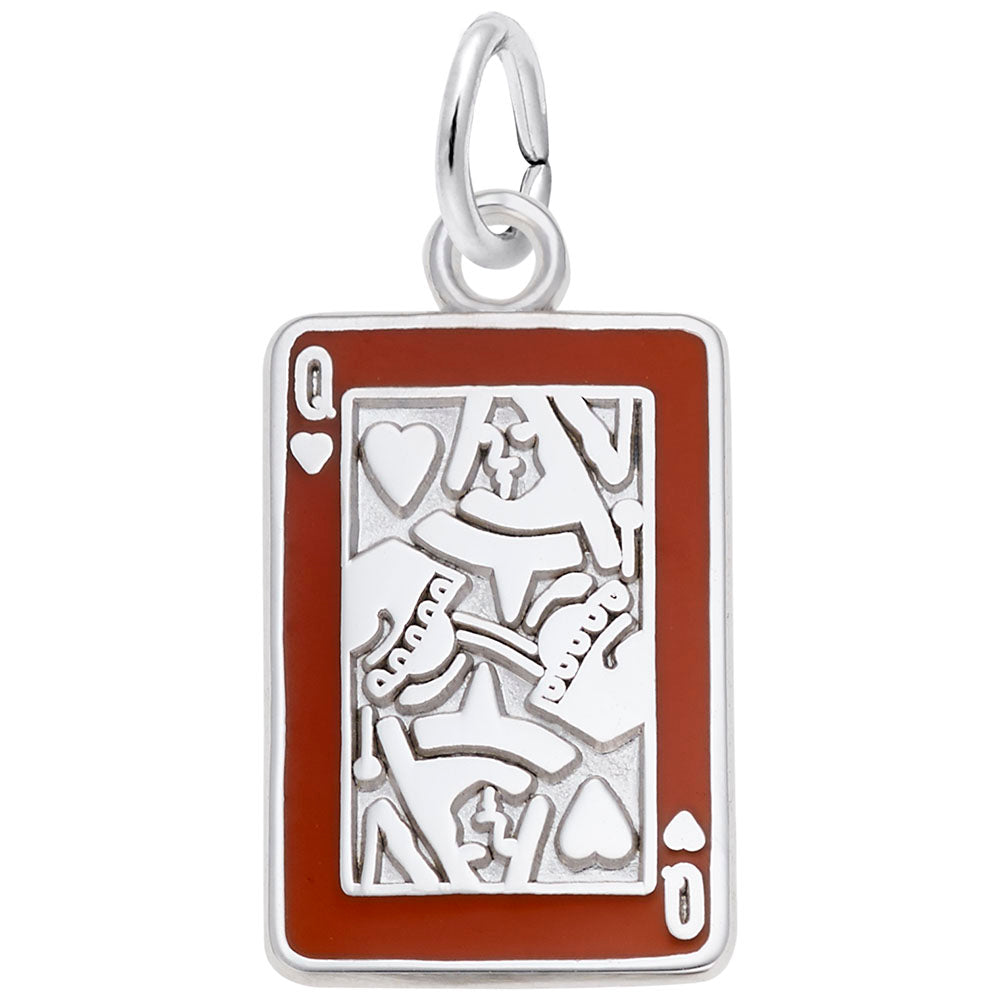 Silver queen of hearts card, with painted red border, shown on a white background