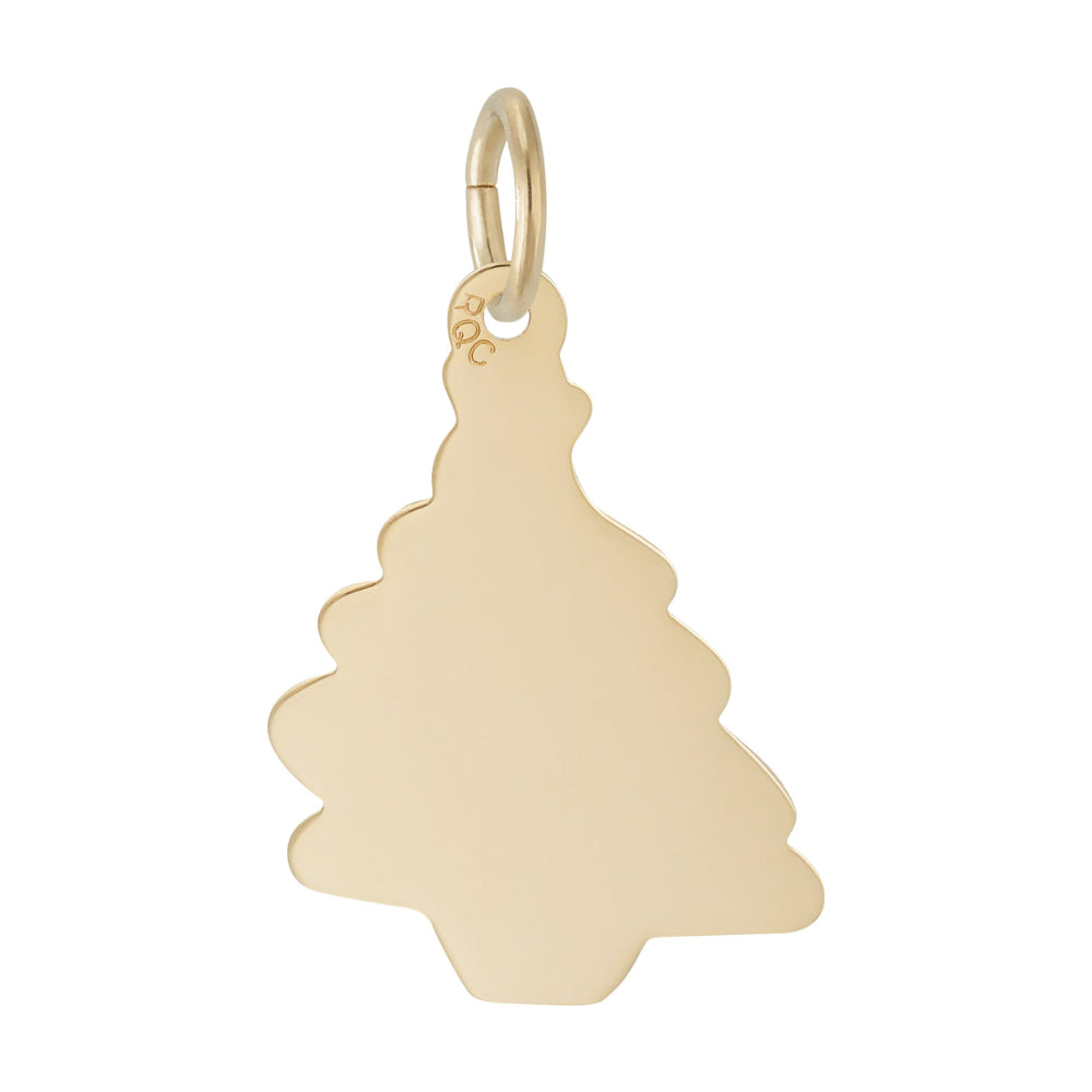 A gold Christmas tree-shaped pendant charm, shown on a plain white background.