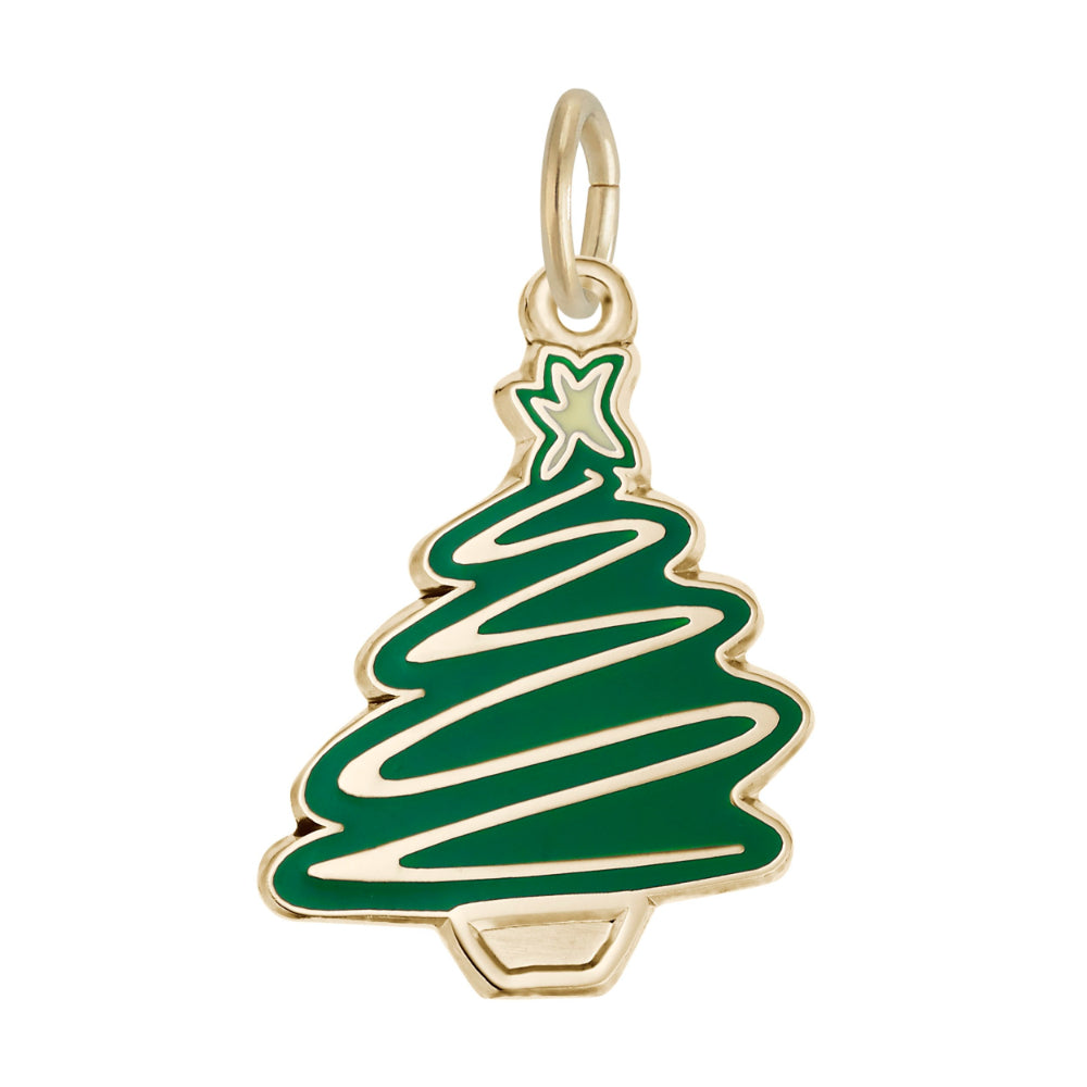 A gold Christmas tree charm painted dark green and a small pale green star on top, shown on a plain white background.