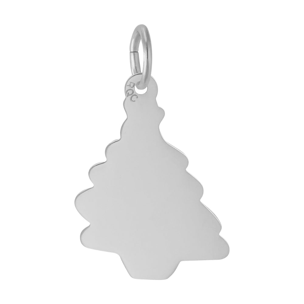 A silver Christmas tree-shaped pendant charm, shown on a plain white background.