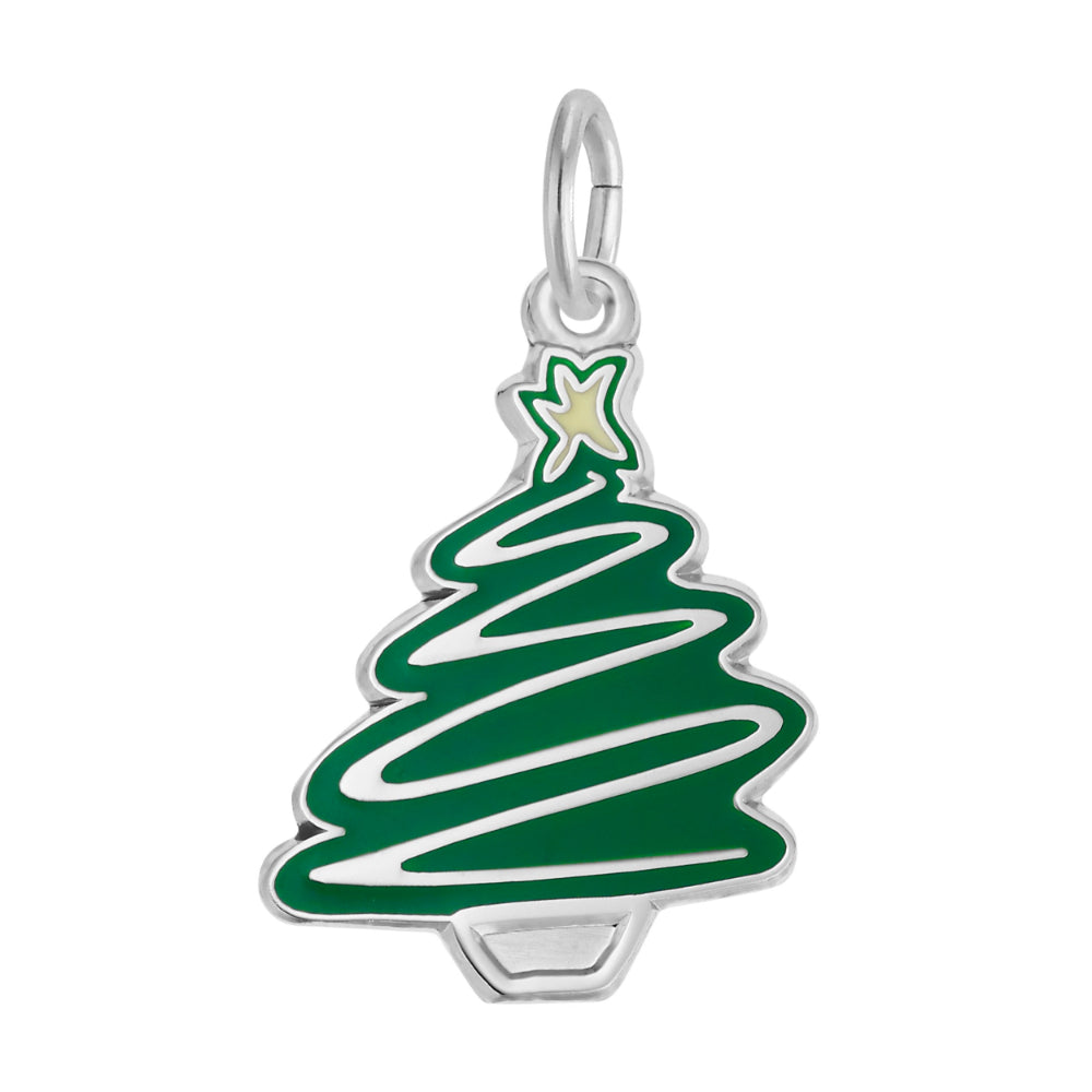 A silver Christmas tree charm painted dark green and a small pale green star on top, shown on a plain white background.