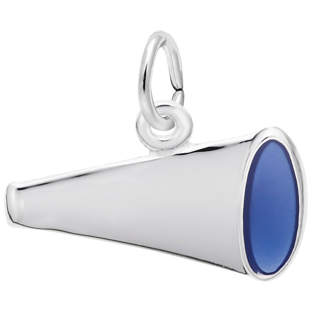 Silver megaphone charm with painted blue end on a white background