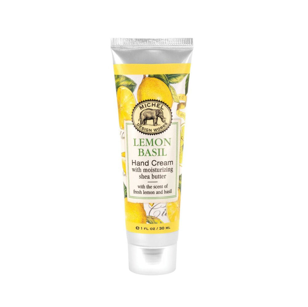 Tube of Lemon Basil hand cream with a white background