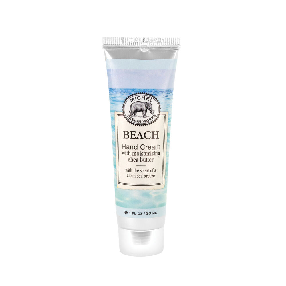 Hand cream tube labeled 'Beach' with a beach-themed design on a white background