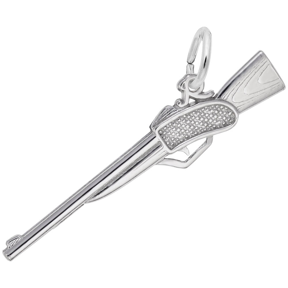 Silver rifle-shaped charm with textured finish, shown on a white background
