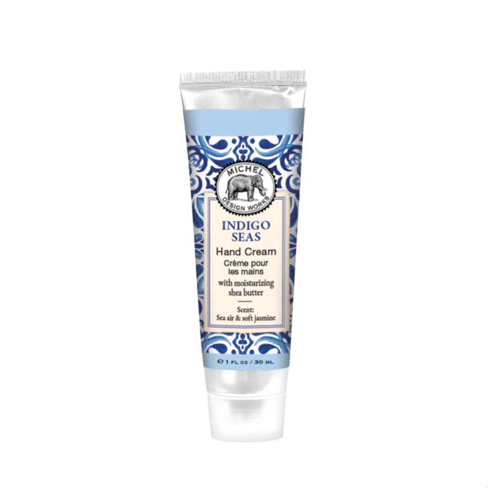 Tube of Indigo Seas hand cream with decorative label on a white background