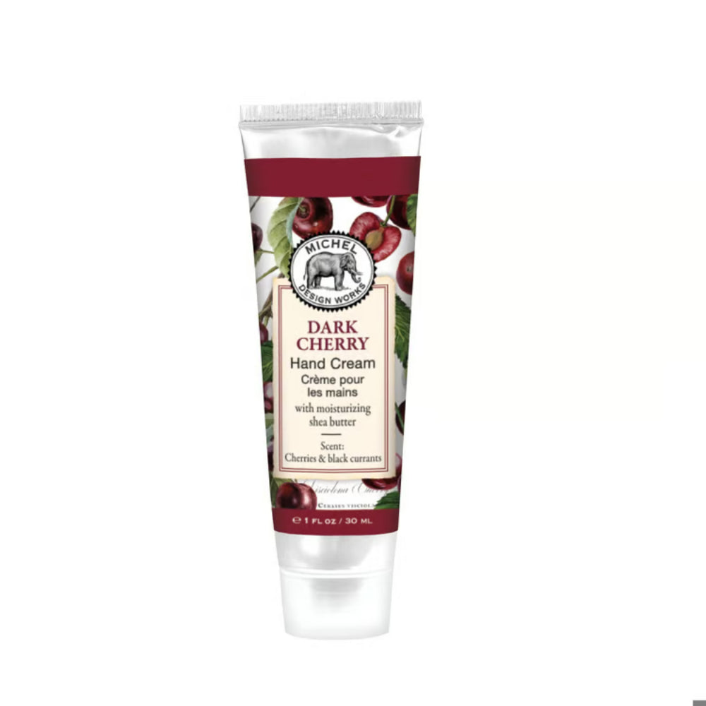 A squeeze tube of Michie's Dark Cherry Hand Cream with cherries and leaves printed on the label, set against a plain white background.