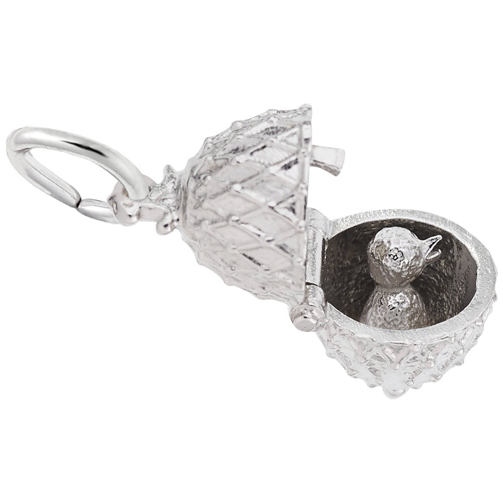 Opened Silver Easter Egg Charm With a baby chicken inside
