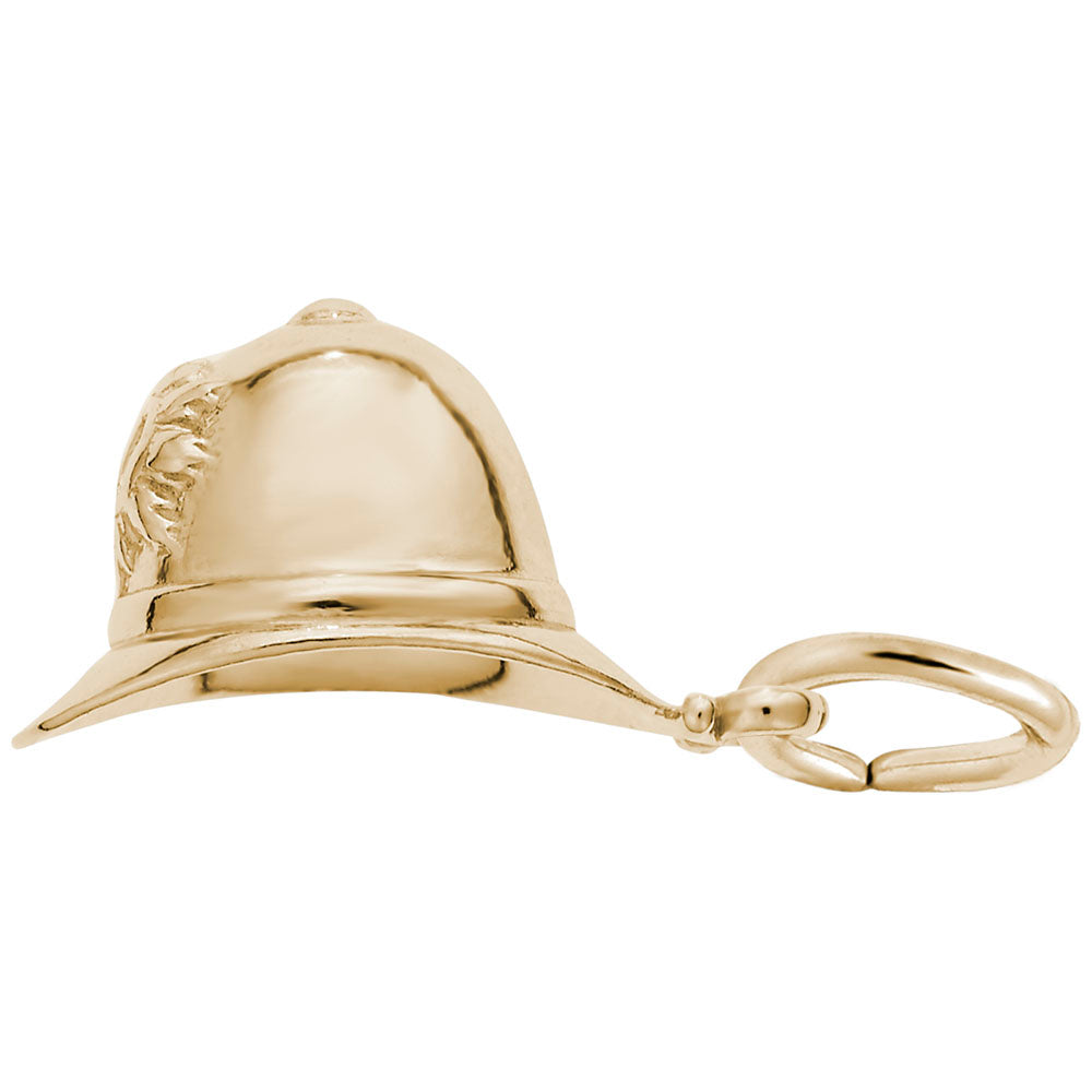 Gold bobby helmet charm, shown on a white background