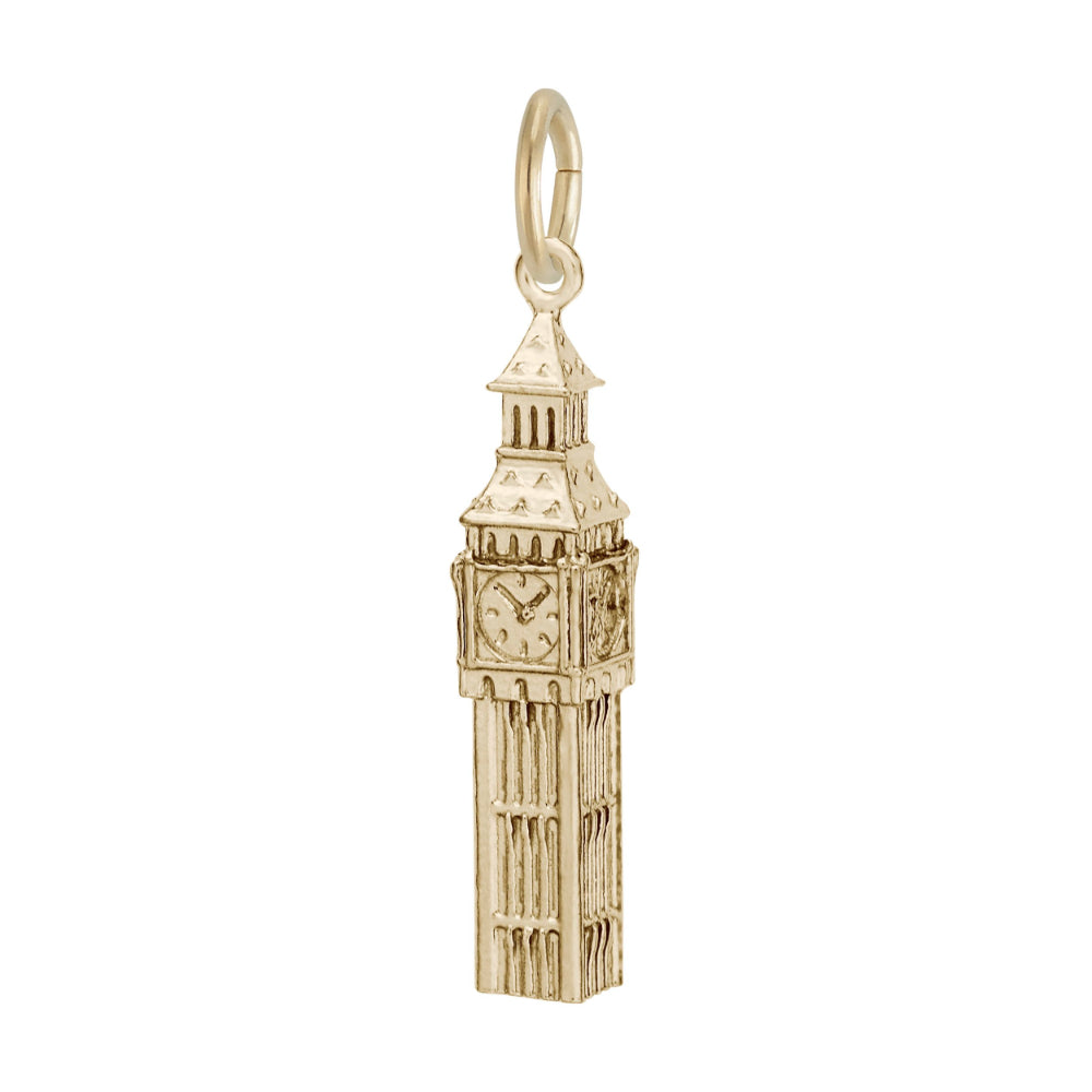 A gold charm shaped like Big Ben, featuring detailed clock faces and architectural elements, shown on a plain white background.