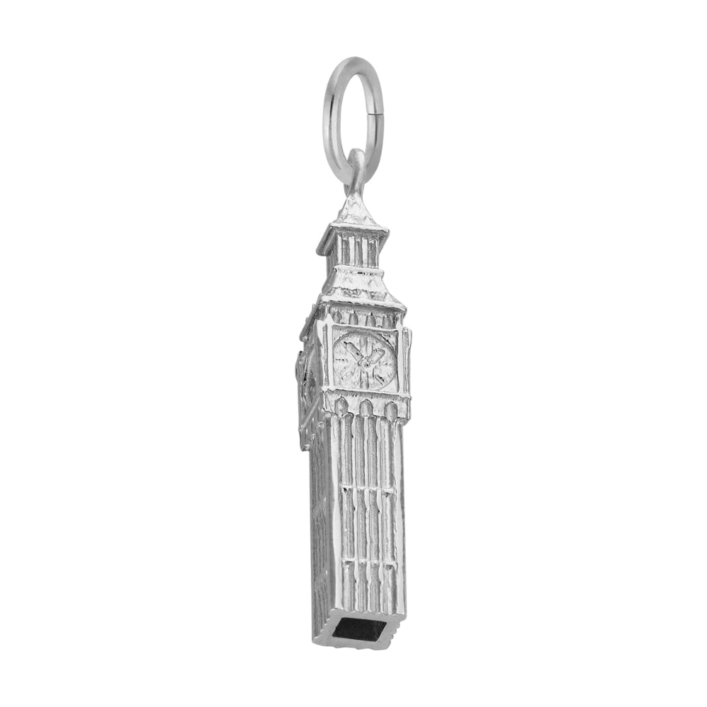 A silver charm shaped like Big Ben, featuring detailed clock faces and architectural elements, shown on a plain white background.