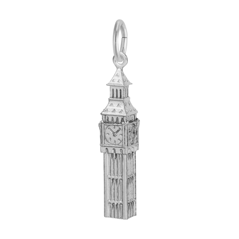 A silver charm shaped like Big Ben, featuring detailed clock faces and architectural elements, shown on a plain white background.